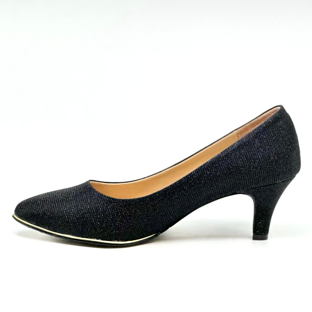Paradox London Frankie Black Glitter Mid Block Heel Wide Fit Ankle Strap  Court Shoes | Curvissa